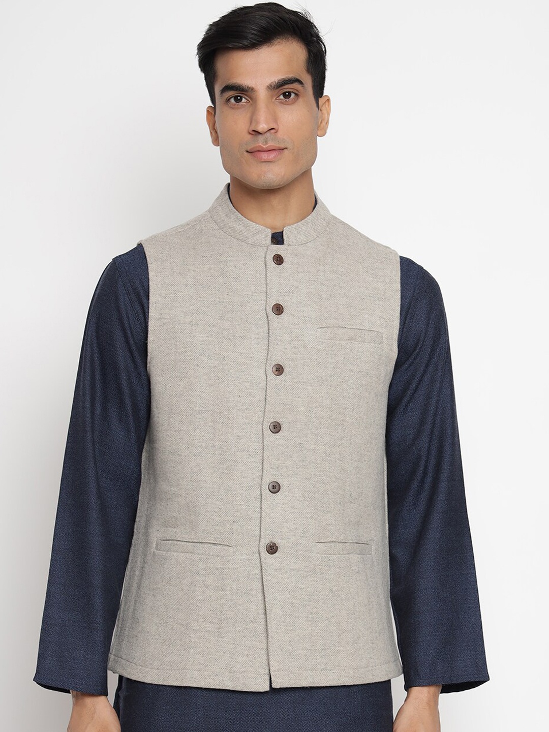

Fabindia Men Beige Wool Nehru Jacket