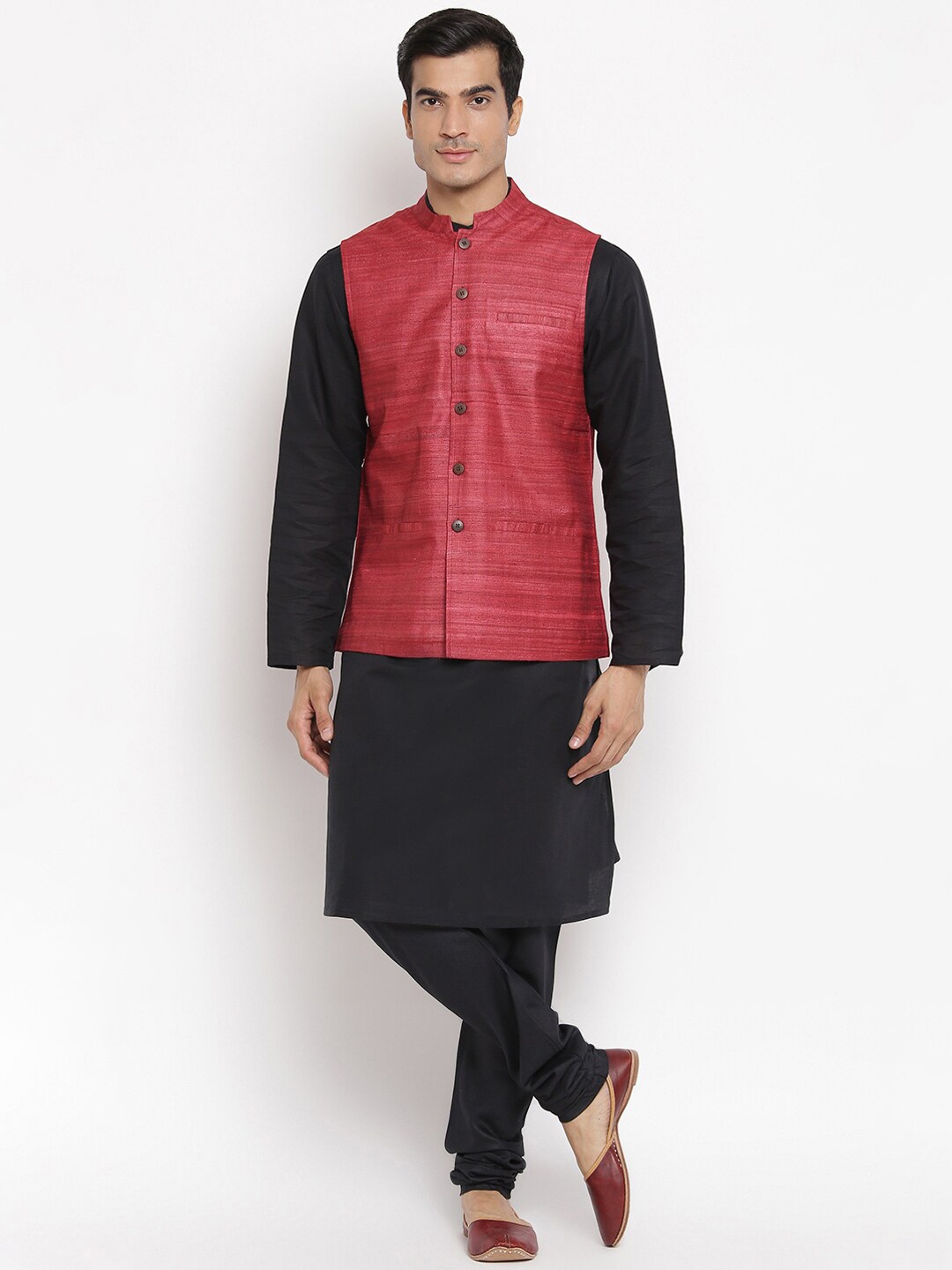 

Fabindia Men Red Solid Pure Silk Woven Nehru Jacket