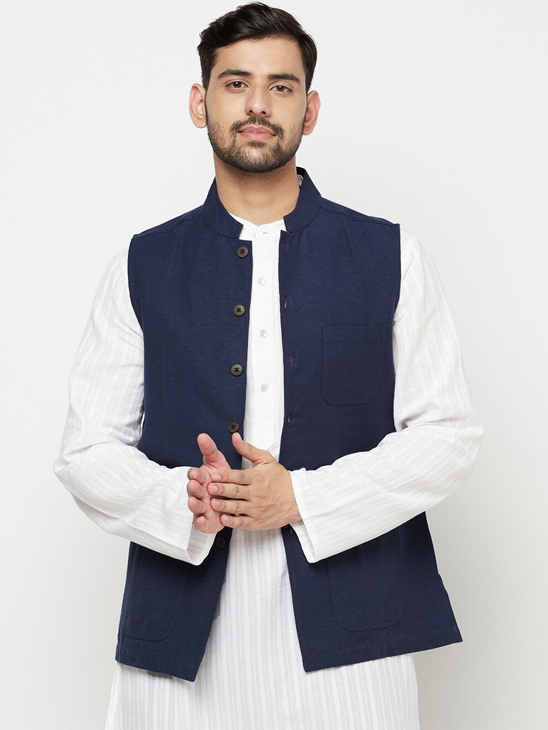 

Fabindia Men Navy Blue Solid Pure Cotton Woven Nehru Jacket