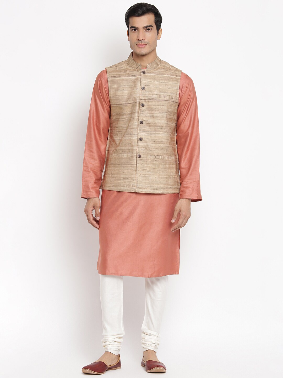

Fabindia Men Beige Solid Woven Pure Silk Nehru Jacket
