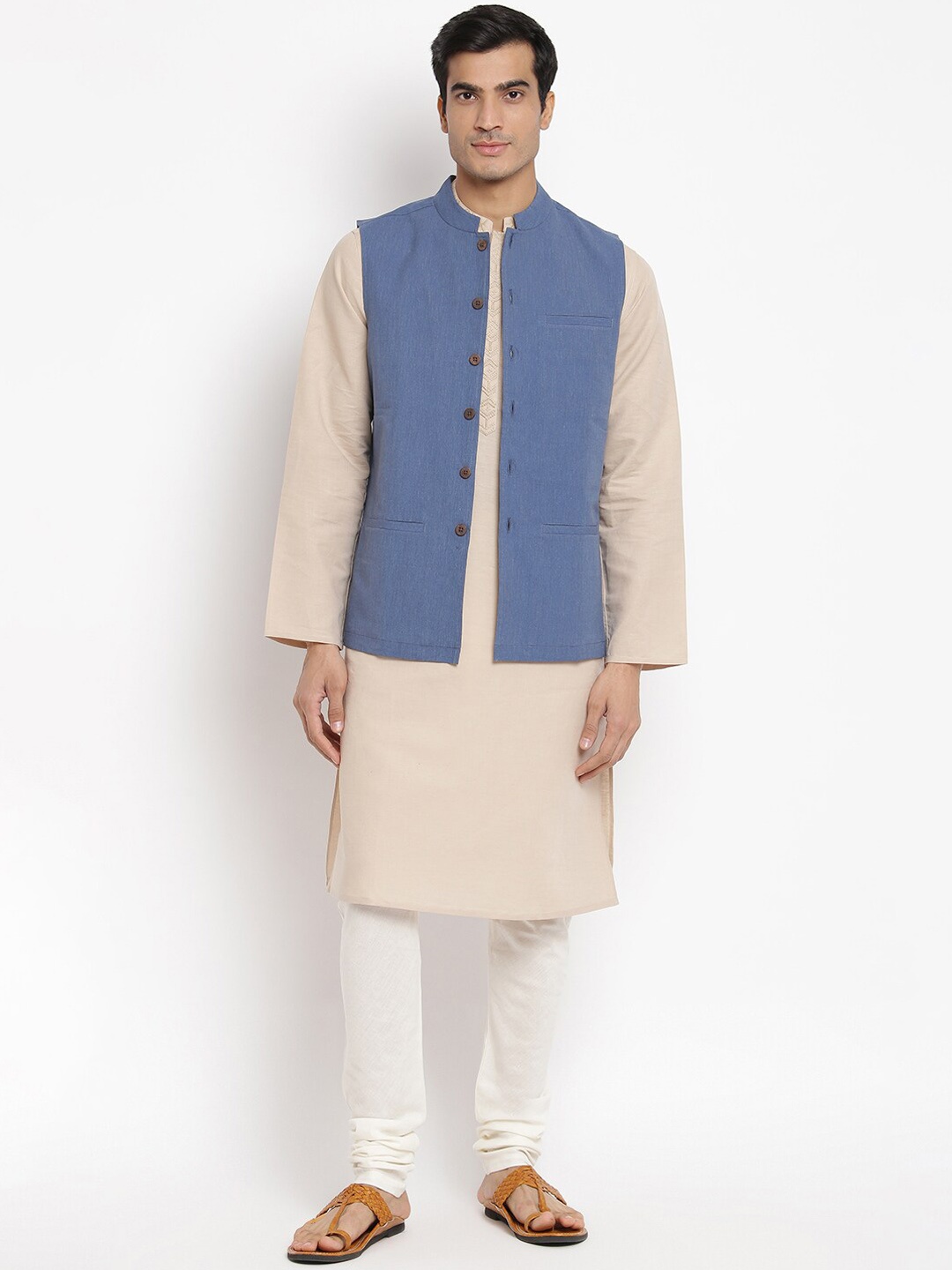 

Fabindia Men Blue Solid Pure Cotton Woven Nehru Jacket