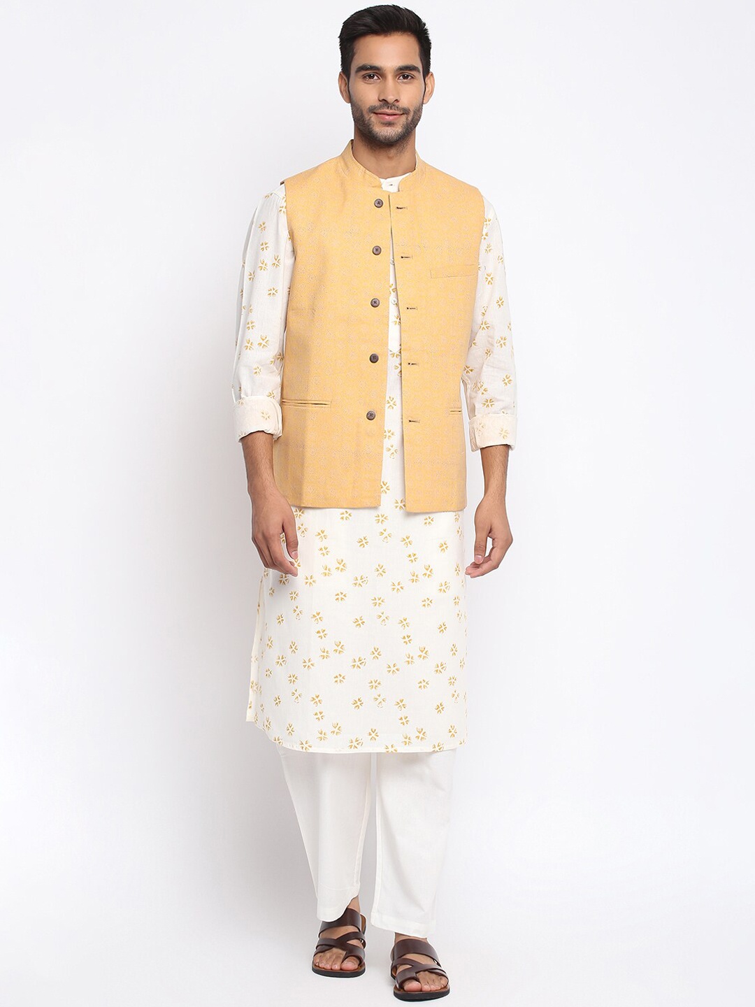 

Fabindia Men Yellow Printed Pure Cotton Woven Nehru Jacket