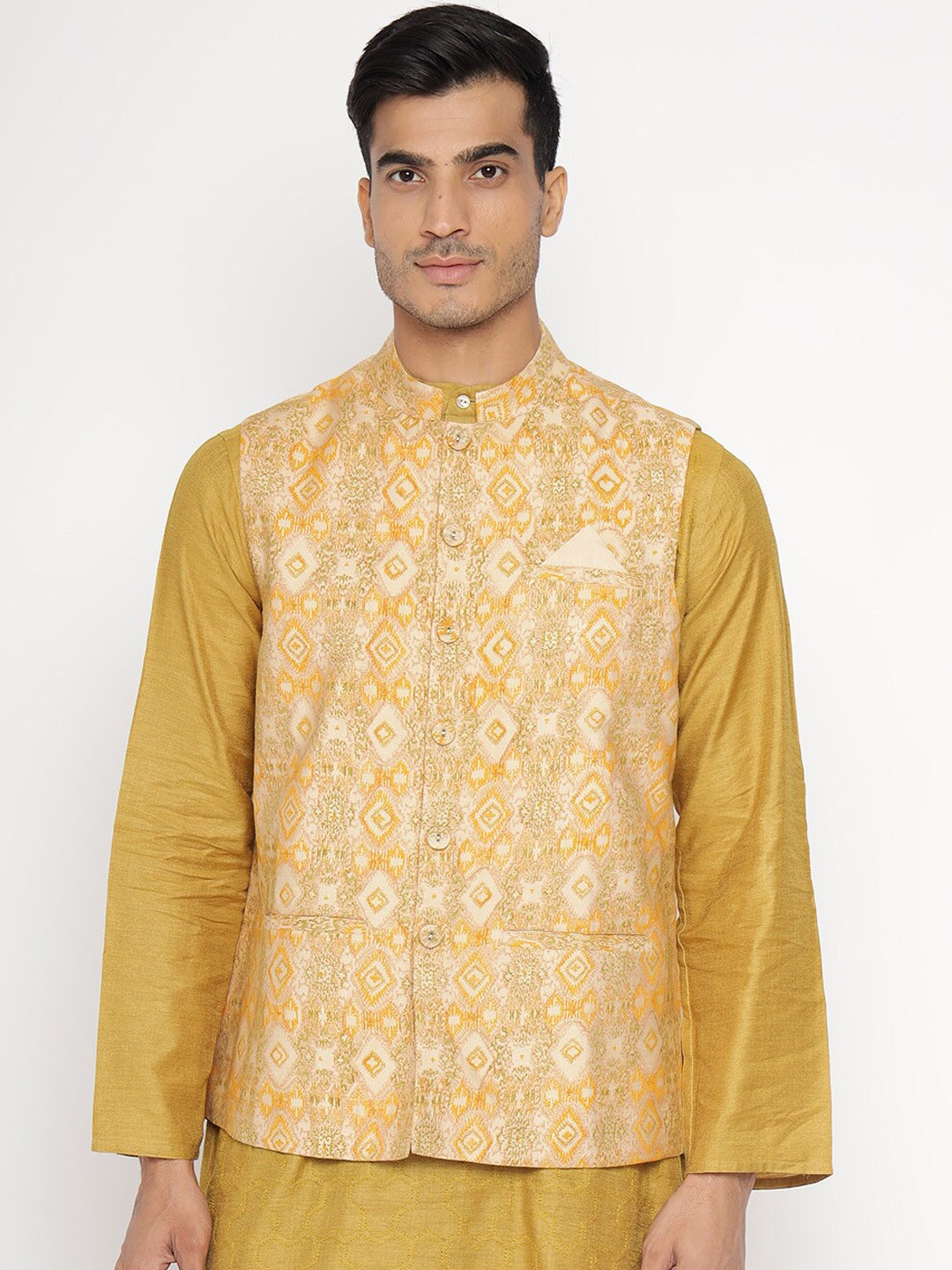 

Fabindia Men Yellow and Orange Printed Nehru Jacket