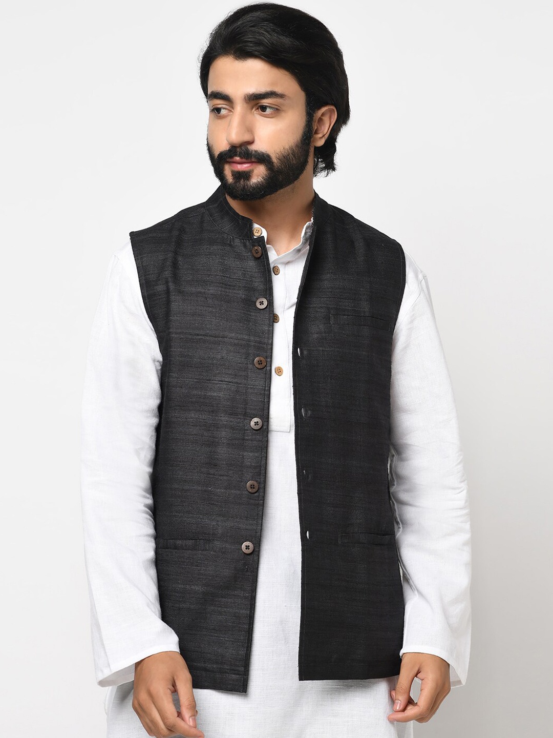 

Fabindia Men Black Solid Pure Silk Woven Nehru Jacket