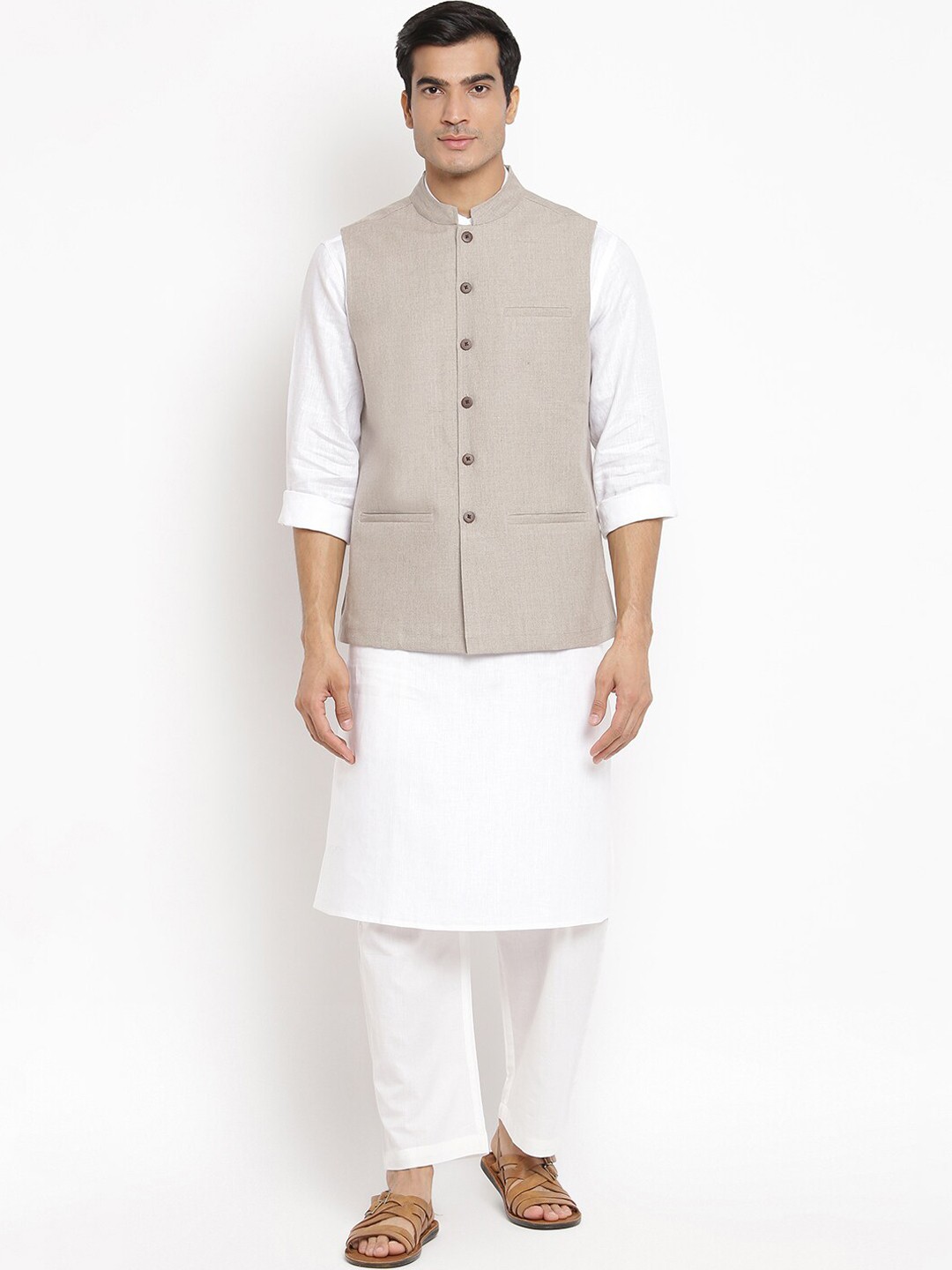 

Fabindia Men Beige Solid Woven Linen Nehru Jacket