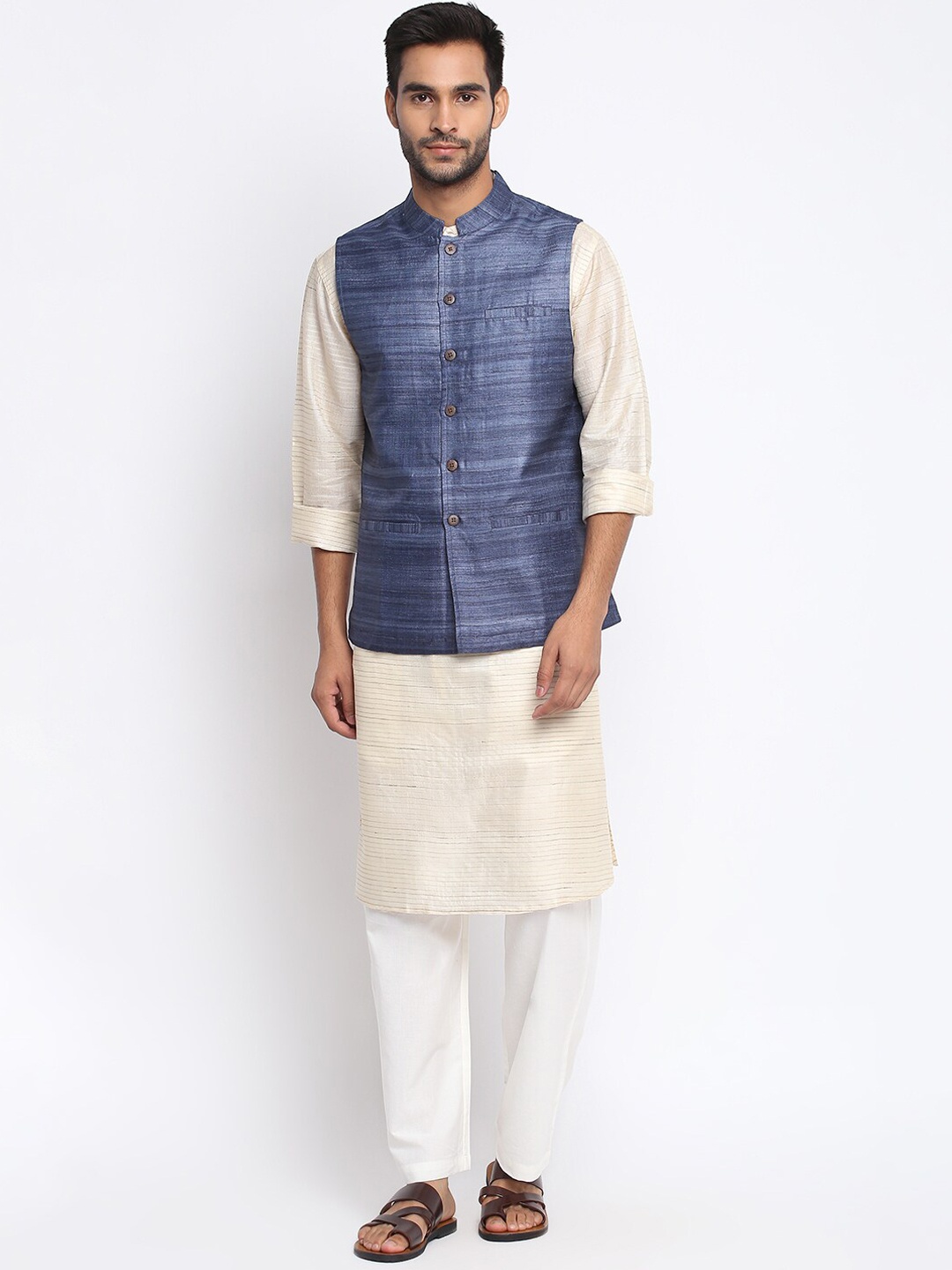 

Fabindia Men Blue Woven Designed Pure Silk Nehru Jacket