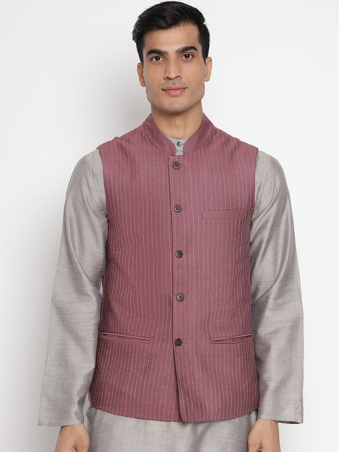 

Fabindia Men Burgundy & White Striped Woven Nehru Jacket