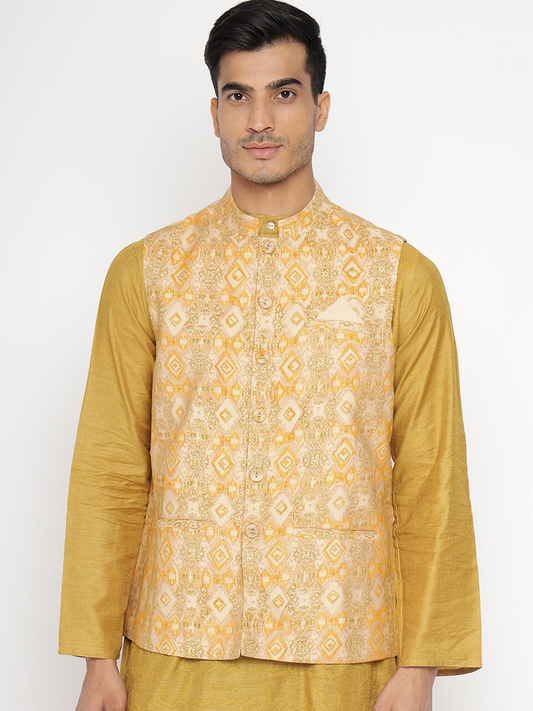 

Fabindia Men Yellow & Beige Printed Woven Nehru Jacket