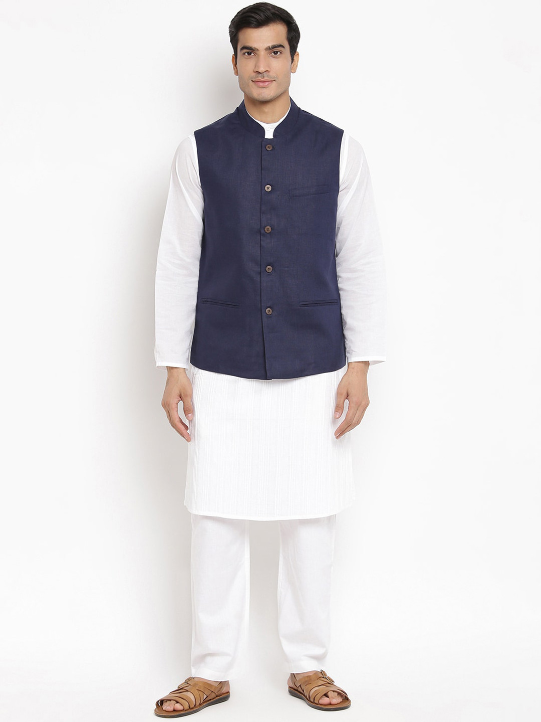 

Fabindia Men Blue Solid Linen Nehru Jacket