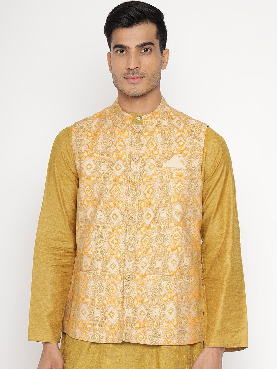 

Fabindia Men Yellow Printed Woven Nehru Jacket