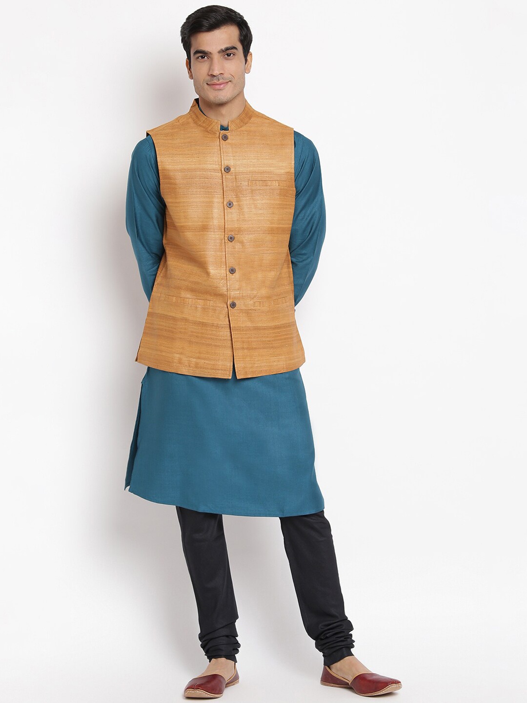 

Fabindia Men Brown Pure Silk Woven Nehru Jacket