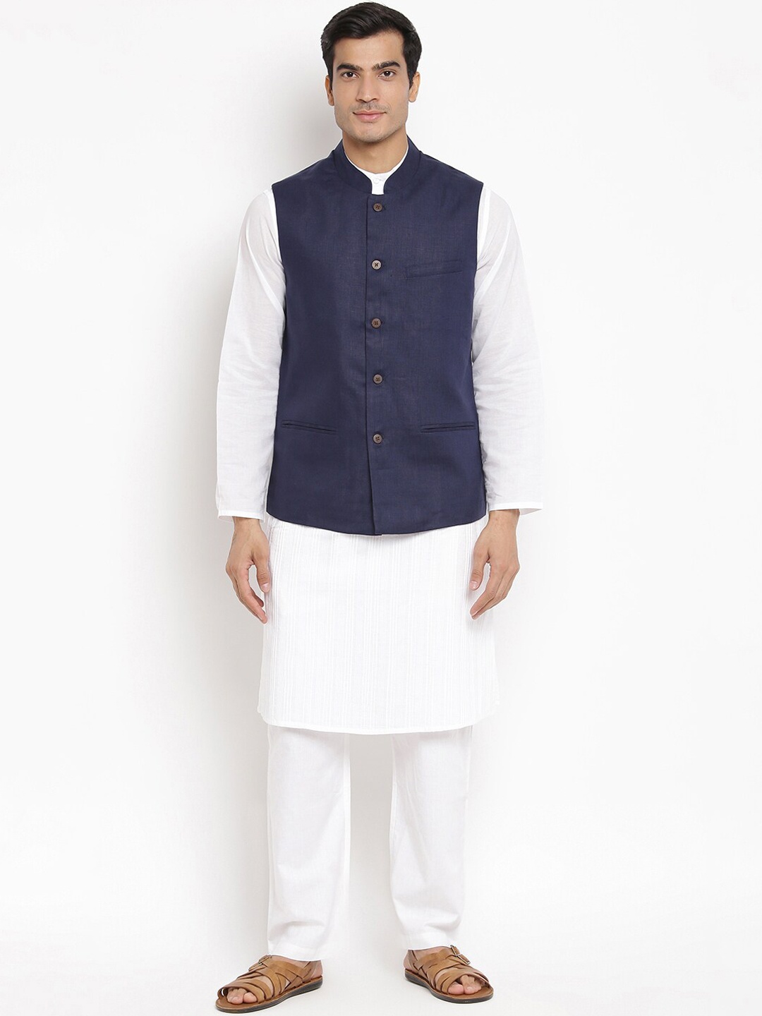 

Fabindia Men Navy Blue Solid Linen Woven Nehru Jacket
