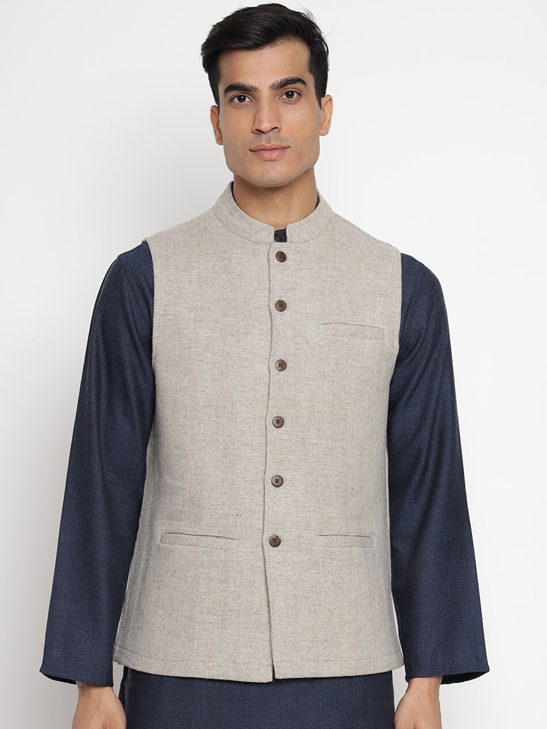 

Fabindia Men Grey Solid Woollen Nehru Jacket