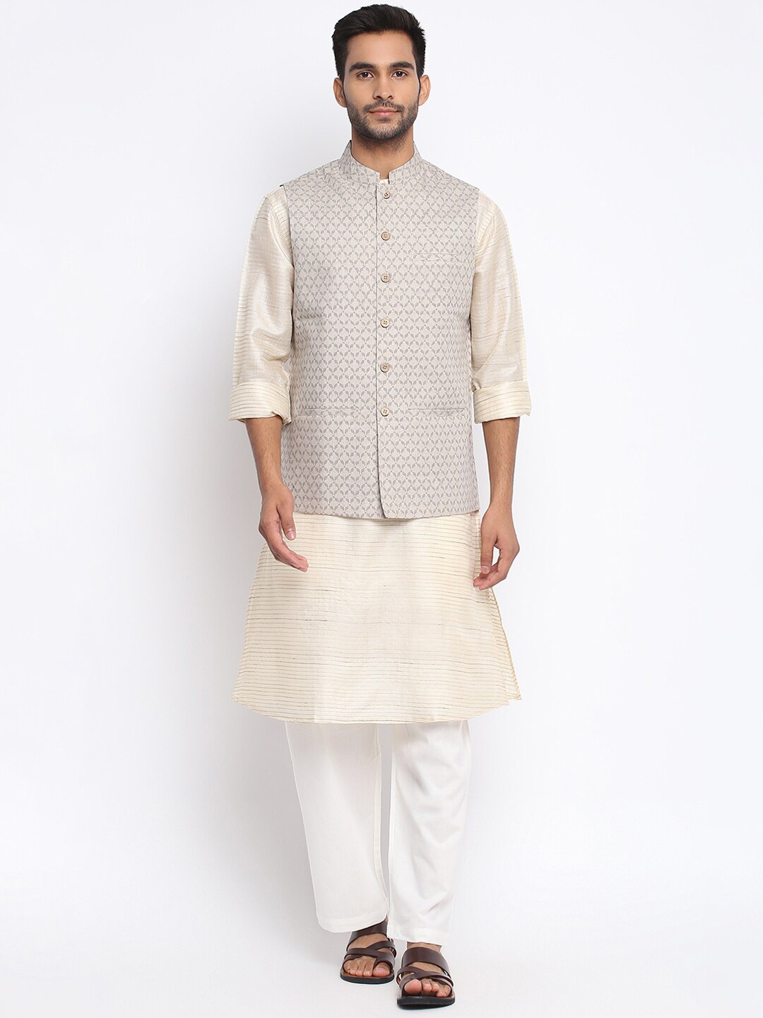 

Fabindia Men Grey Printed Woven Linen Nehru Jacket
