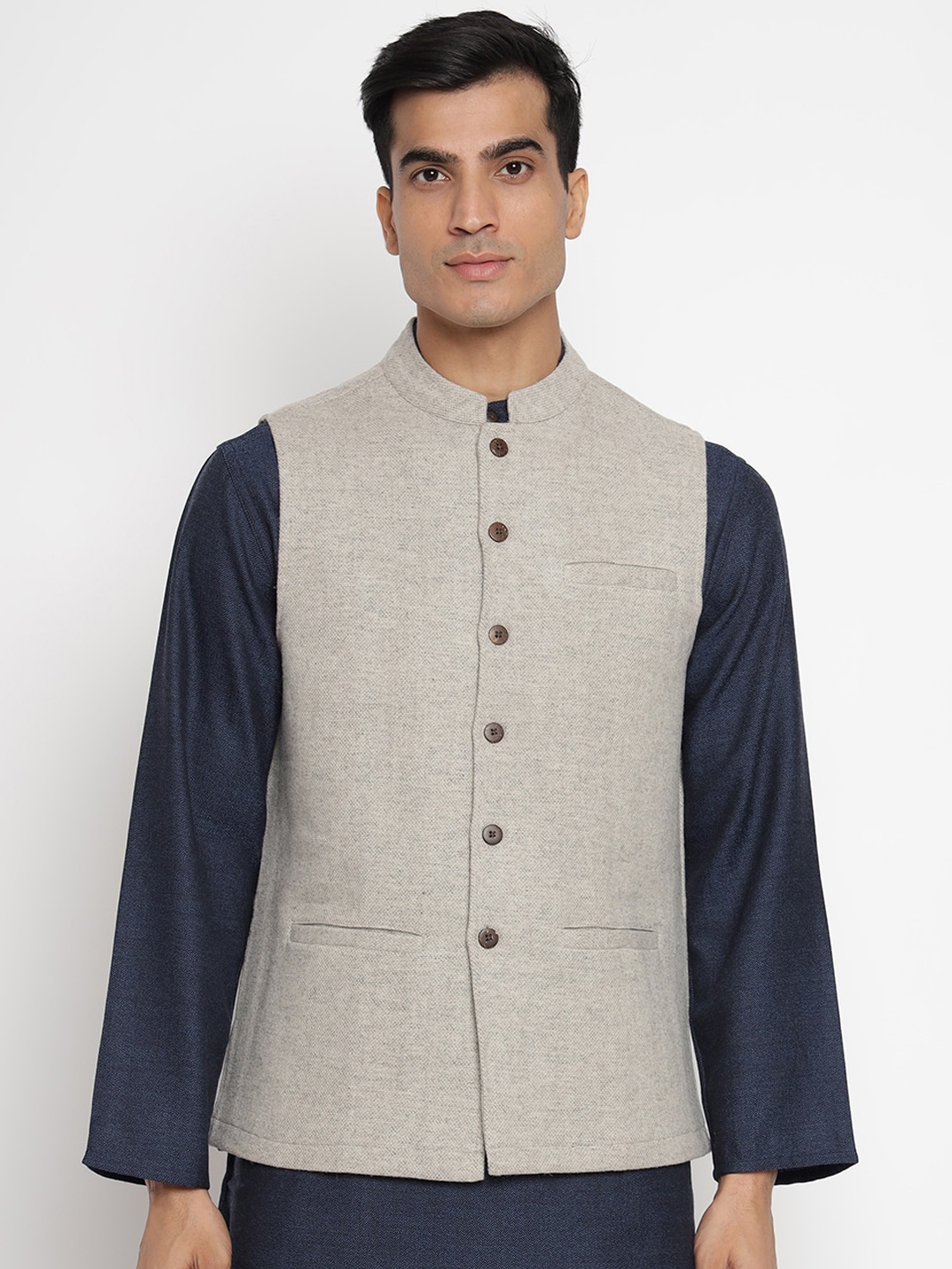 

Fabindia Men Beige Solid Woven Pure Wool Nehru Jacket