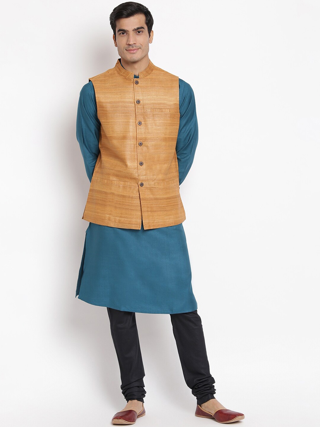

Fabindia Men Mustard-Yellow Woven Design Pure Silk Woven Nehru Jacket