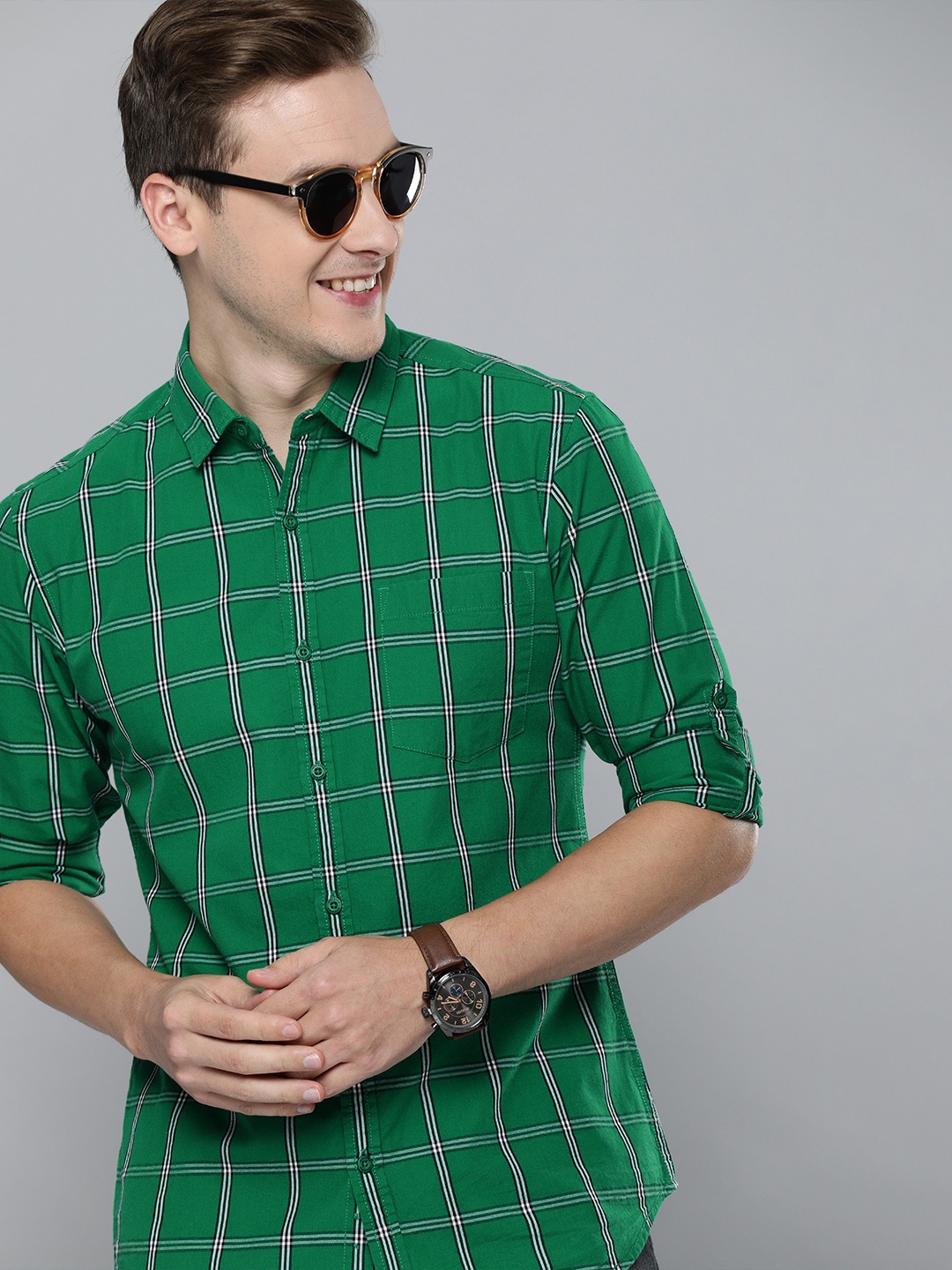 

HERE&NOW Men Green & White Pure Cotton Checked Casual Shirt