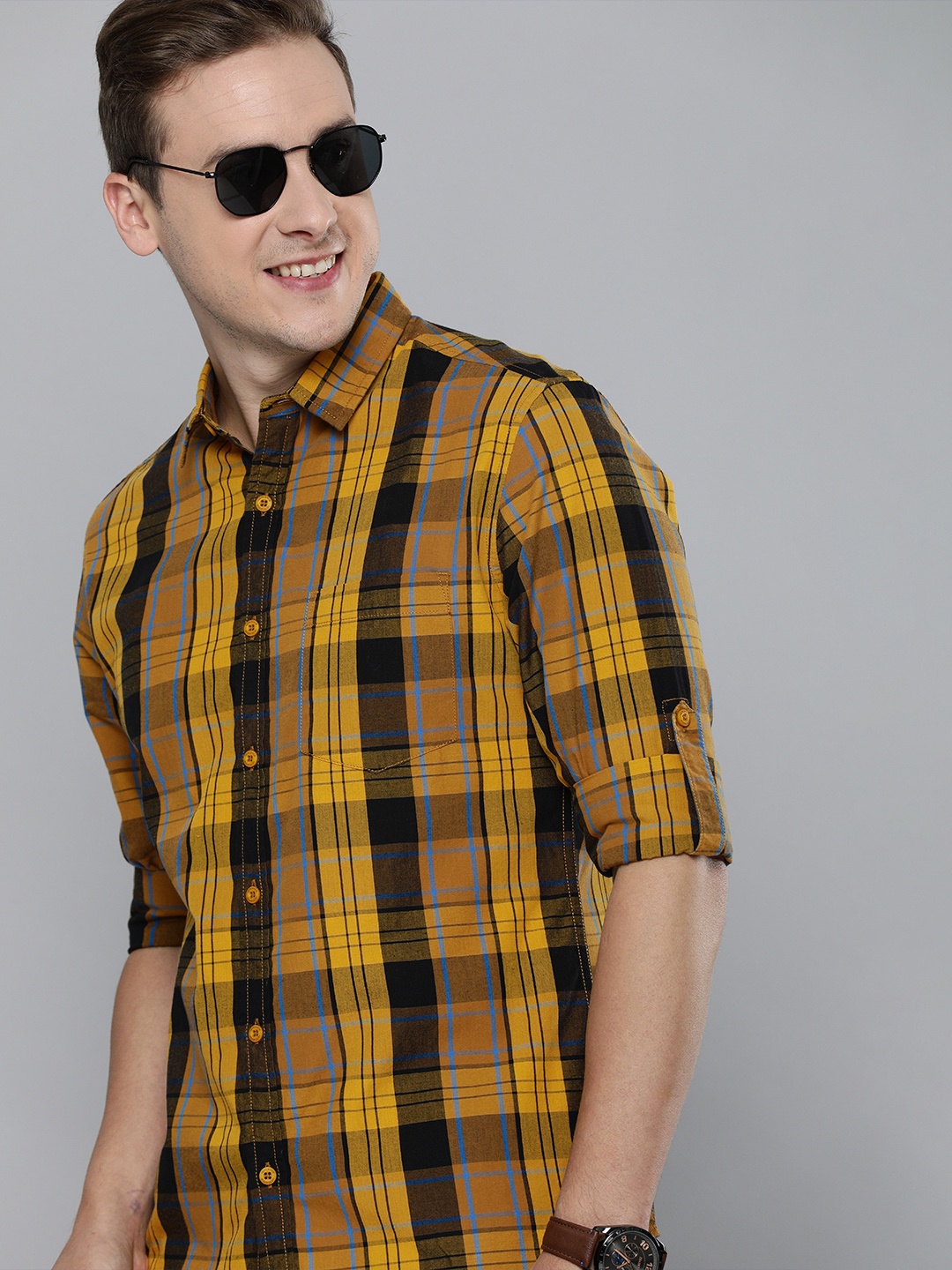 

HERE&NOW Men Yellow & Black Pure Cotton Checked Casual Shirt