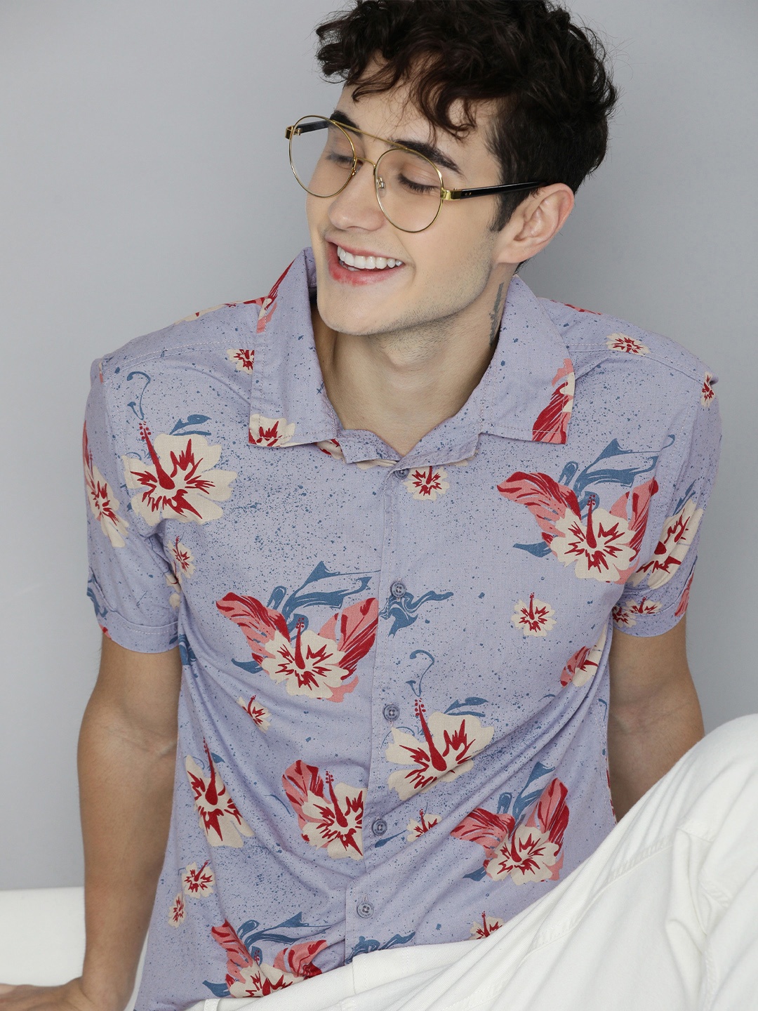 

HERE&NOW Men Blue & Beige Slim Fit Floral Printed Pure Cotton Casual Shirt