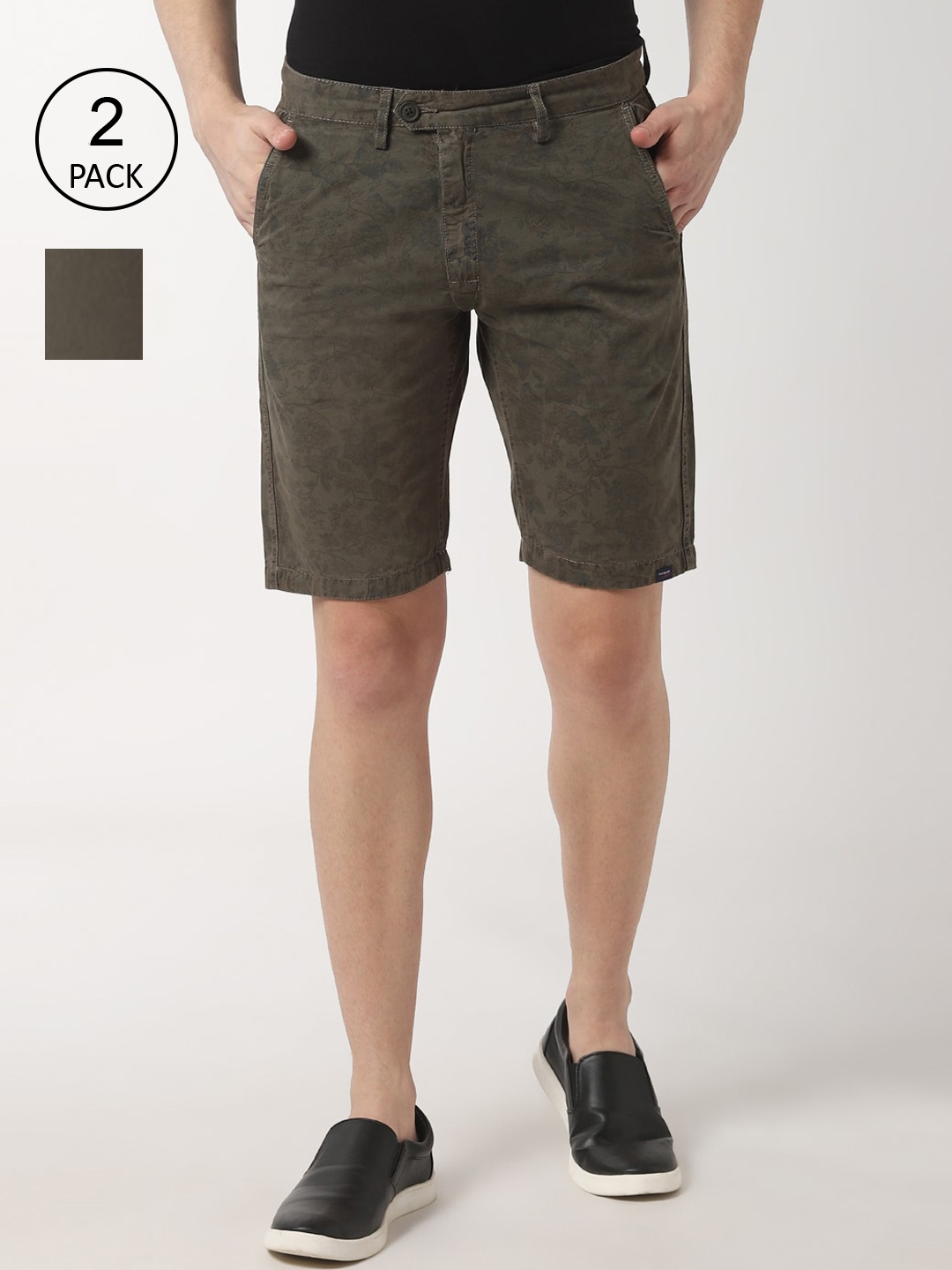 

Peter England Casuals Men Pack of 2 Olive Green Slim Fit Regular Shorts