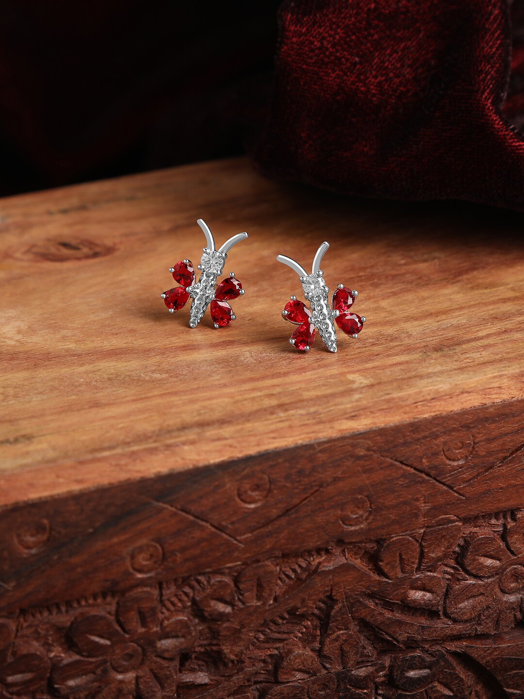 

ZINU Silver-Toned & Red Contemporary Studs Earrings
