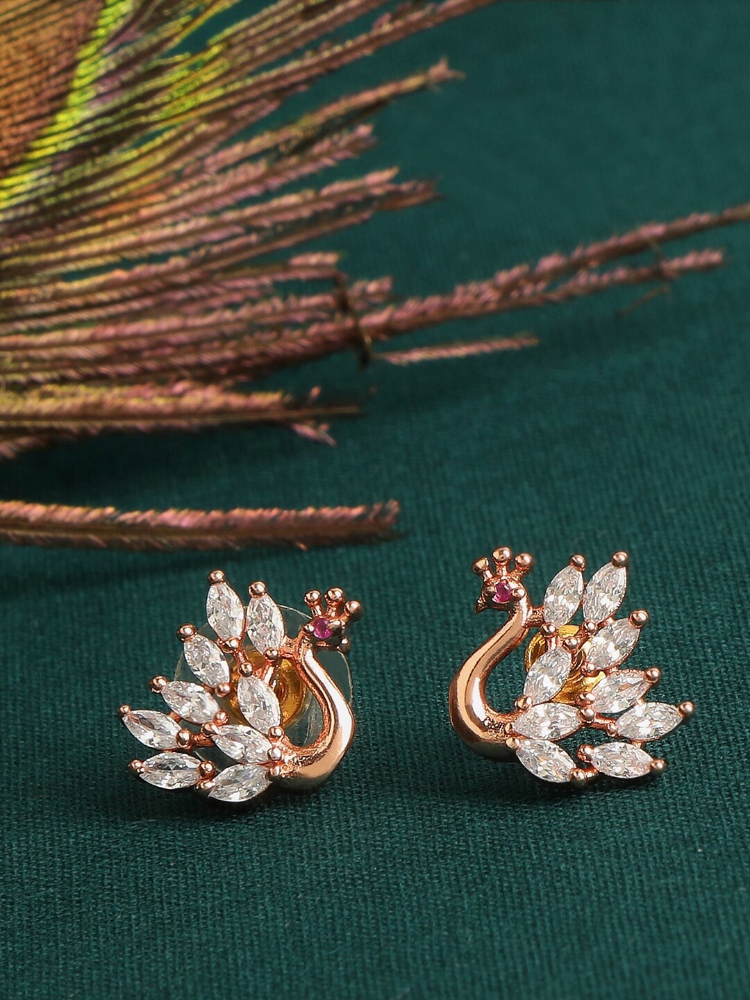 

ZINU Rose Gold Plated & White Contemporary CZ Studded Studs Earrings