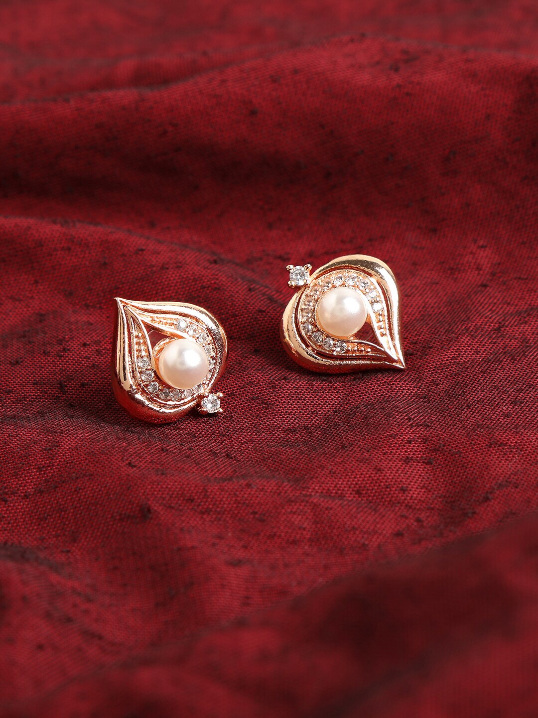 

ZINU Rose Gold-Toned Contemporary Stone & Pearl Studded Studs Earrings