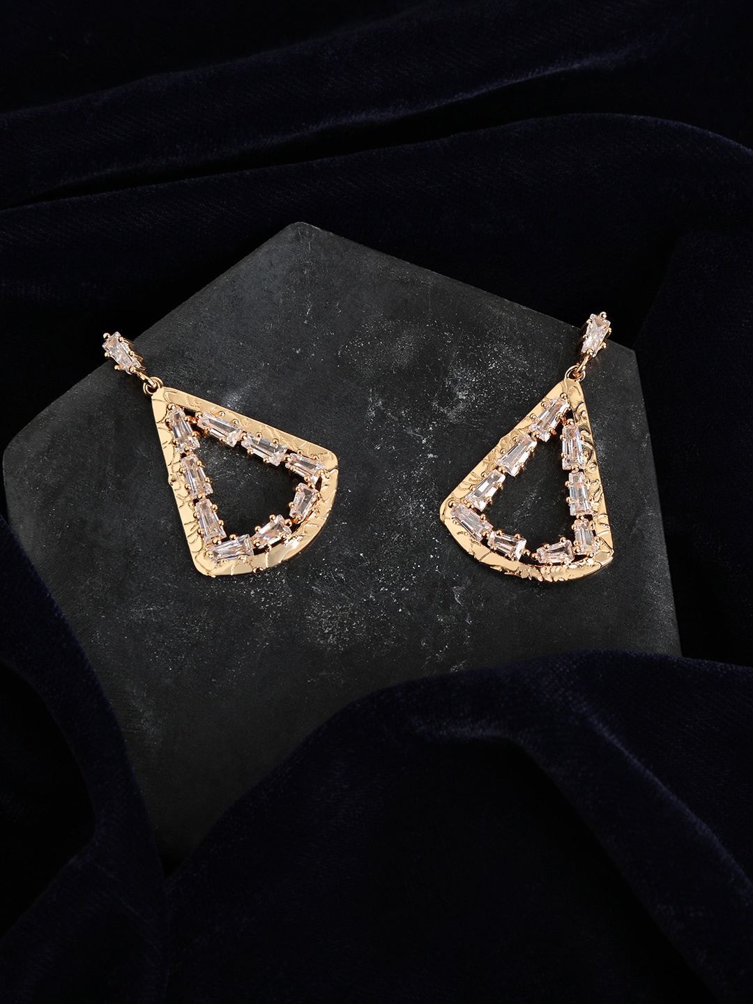 

ZINU Rose Gold Toned & Plated Triangular CZ Studded Handcrafted Drop Earrings