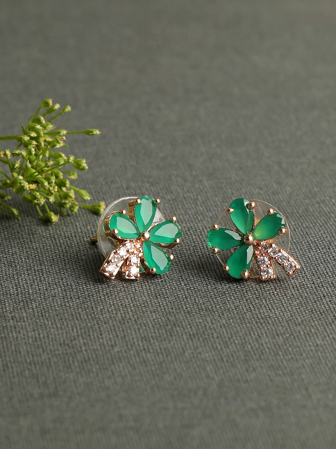 

ZINU Rose Gold Plated Floral Green CZ Studded Studs Earrings