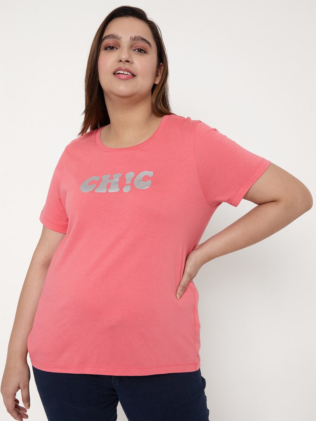

VERO MODA CURVE Women Pink Printed Oversized Cotton T-shirt