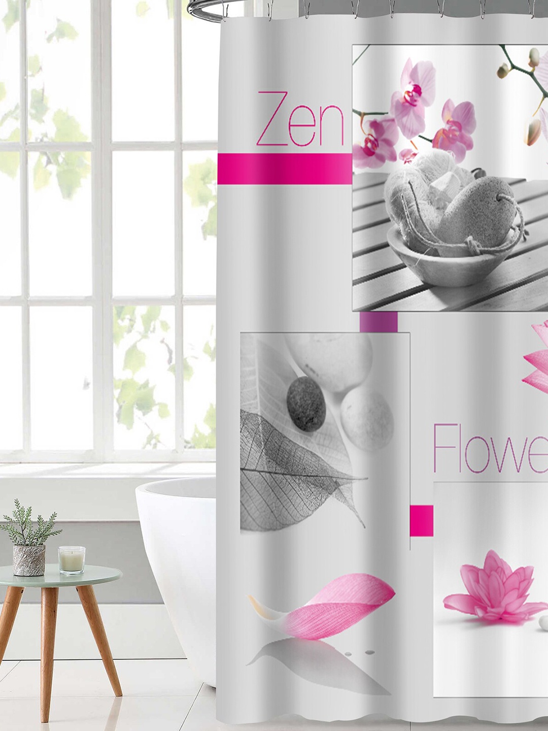 

Lushomes White & Pink Digital Printed Shower Curtain with 12 Eyelet and 12 Hook