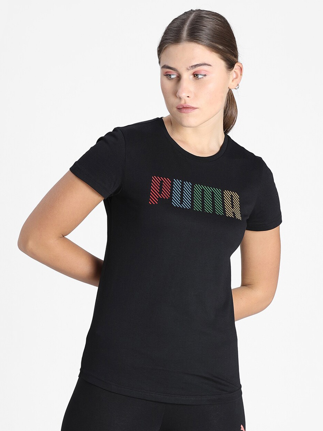 

Puma Women Black PUMA Logo Printed Cotton T-shirt