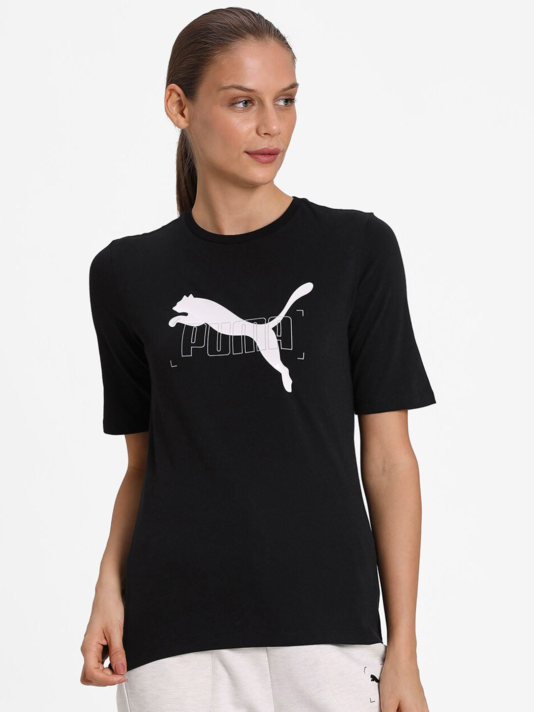 

Puma Women Black White Brand Logo Printed Cotton Pure Cotton T-shirt