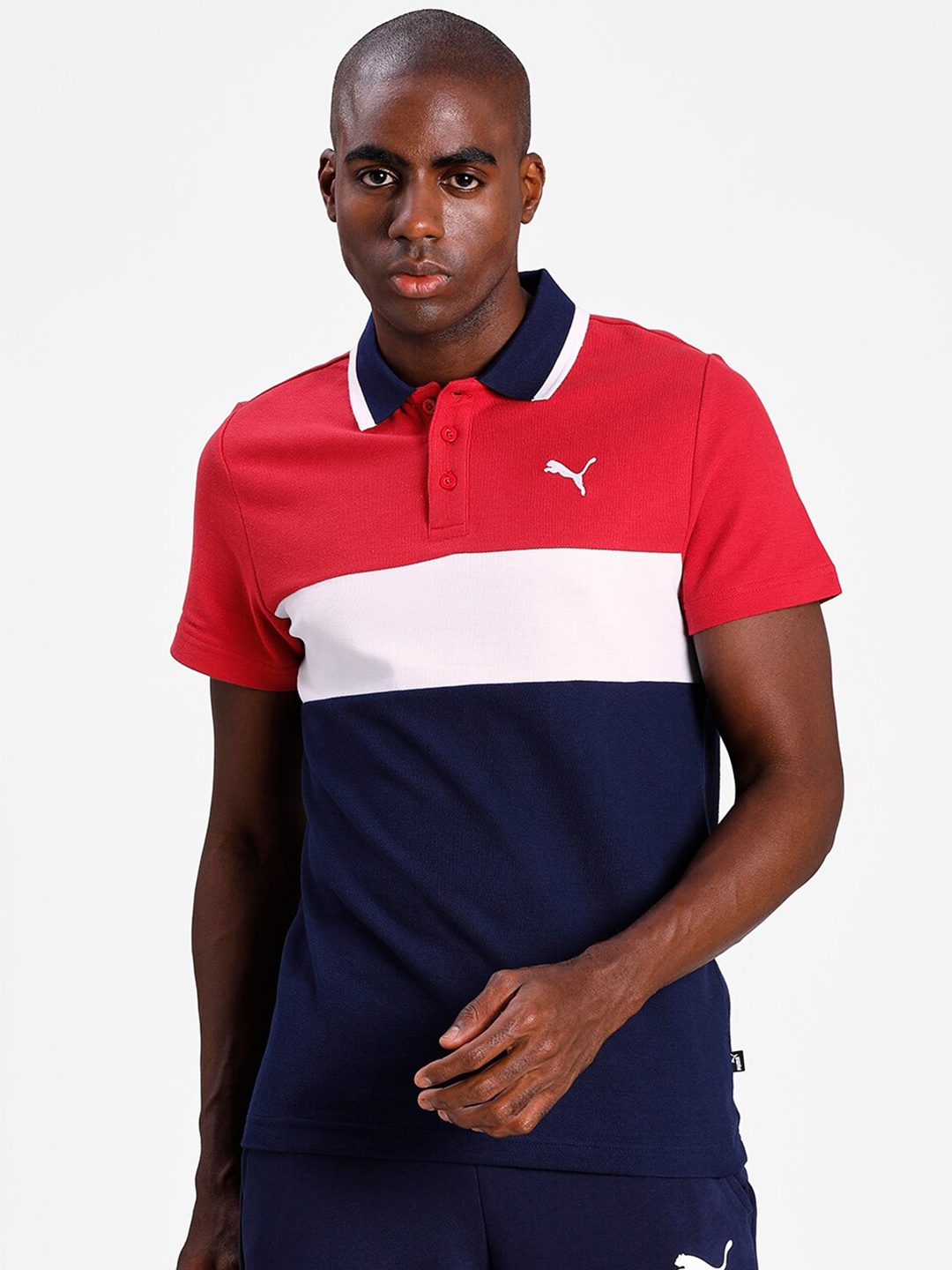 

Puma Men Red & Navy Blue Colourblocked Cotton Polo Collar Slim Fit T-shirt