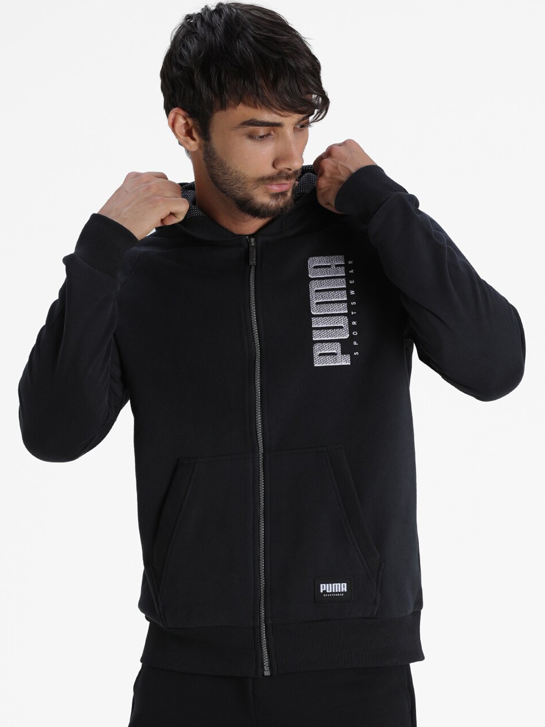 

Puma Men Black Brand Logo Athletics Fleece Zip-Up Raglan Sleeves Hoodie