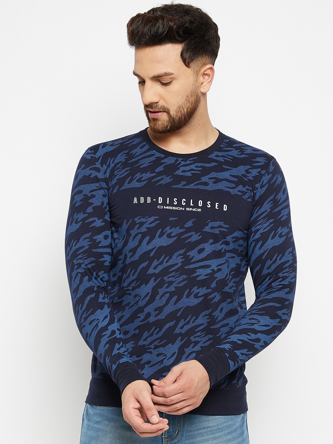 

Adobe Men Navy Blue Striped Pockets T-shirt