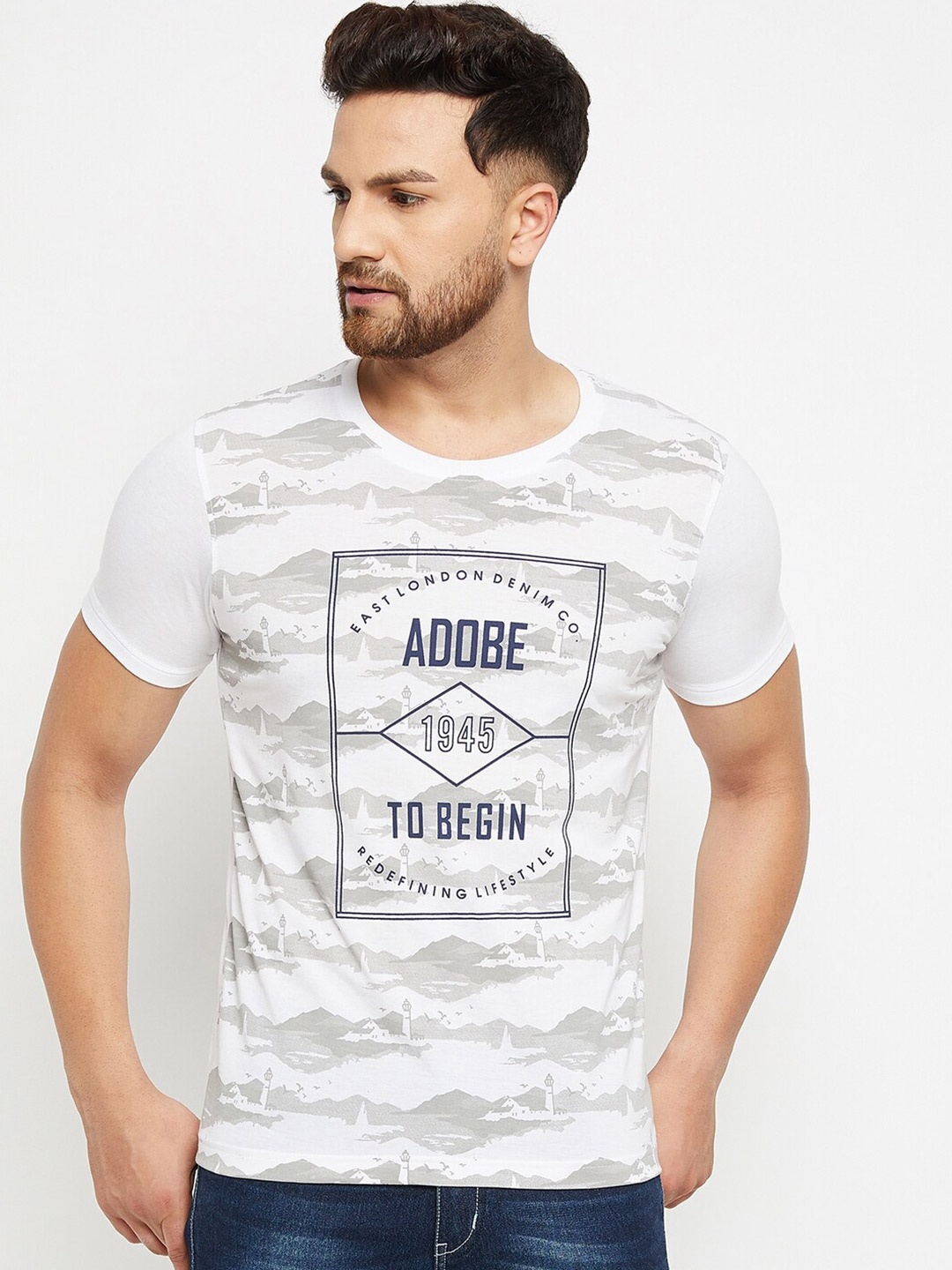 

Adobe Men White & Grey Graphic Printed Cotton T-shirt