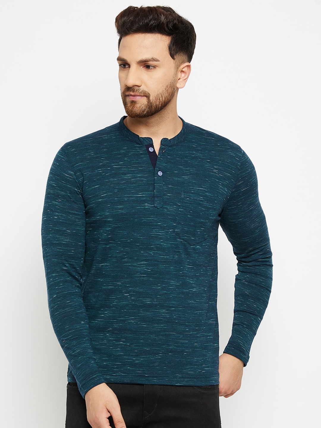 

Adobe Men Teal Henley Neck Cotton T-shirt