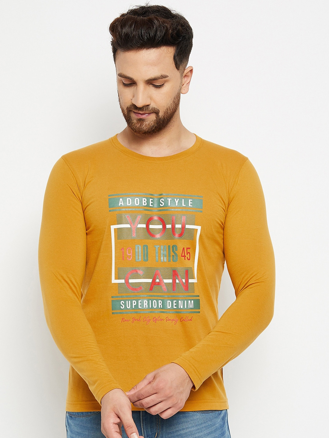 

Adobe Men Mustard Yellow Typography Printed T-shirt