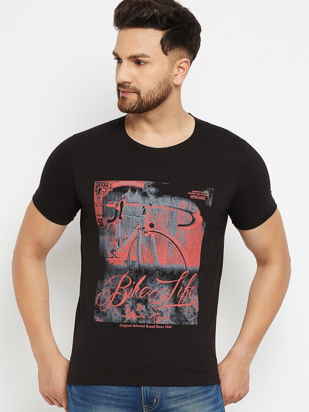 

Adobe Men Black & Pink Printed Cotton T-shirt