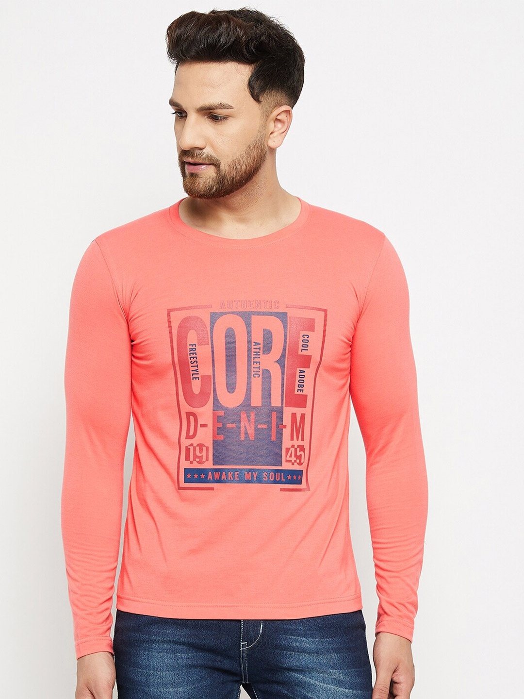 

Adobe Men Coral & Navy Blue Typography Printed Cotton T-shirt