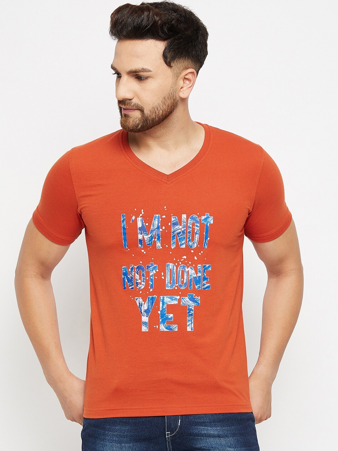

Adobe Men Rust Typography Printed V-Neck Applique T-shirt