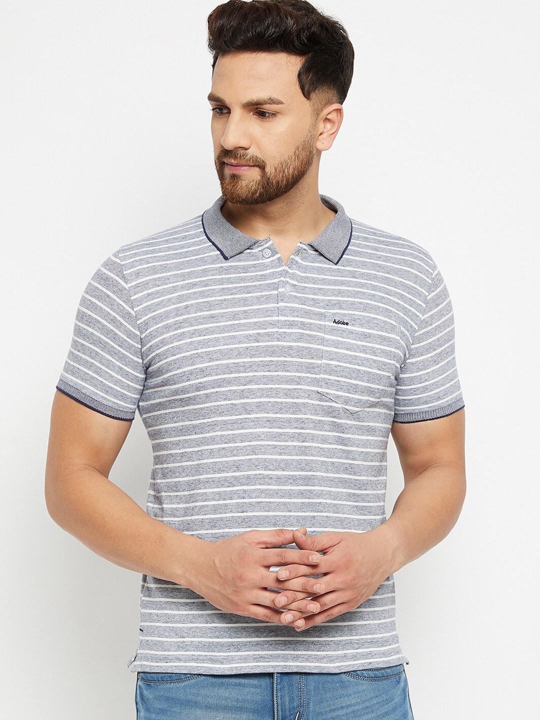 

Adobe Men Grey & White Striped Polo Collar Pockets Cotton T-shirt