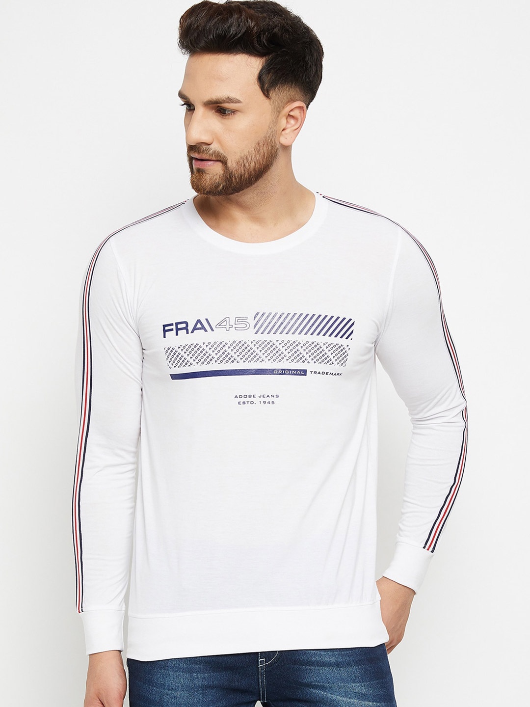 

Adobe Men White Typography Printed Applique T-shirt