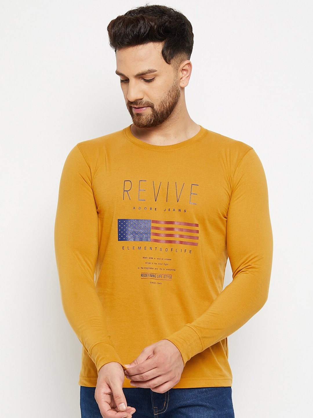 

Adobe Men Mustard Yellow Typography Printed Applique T-shirt
