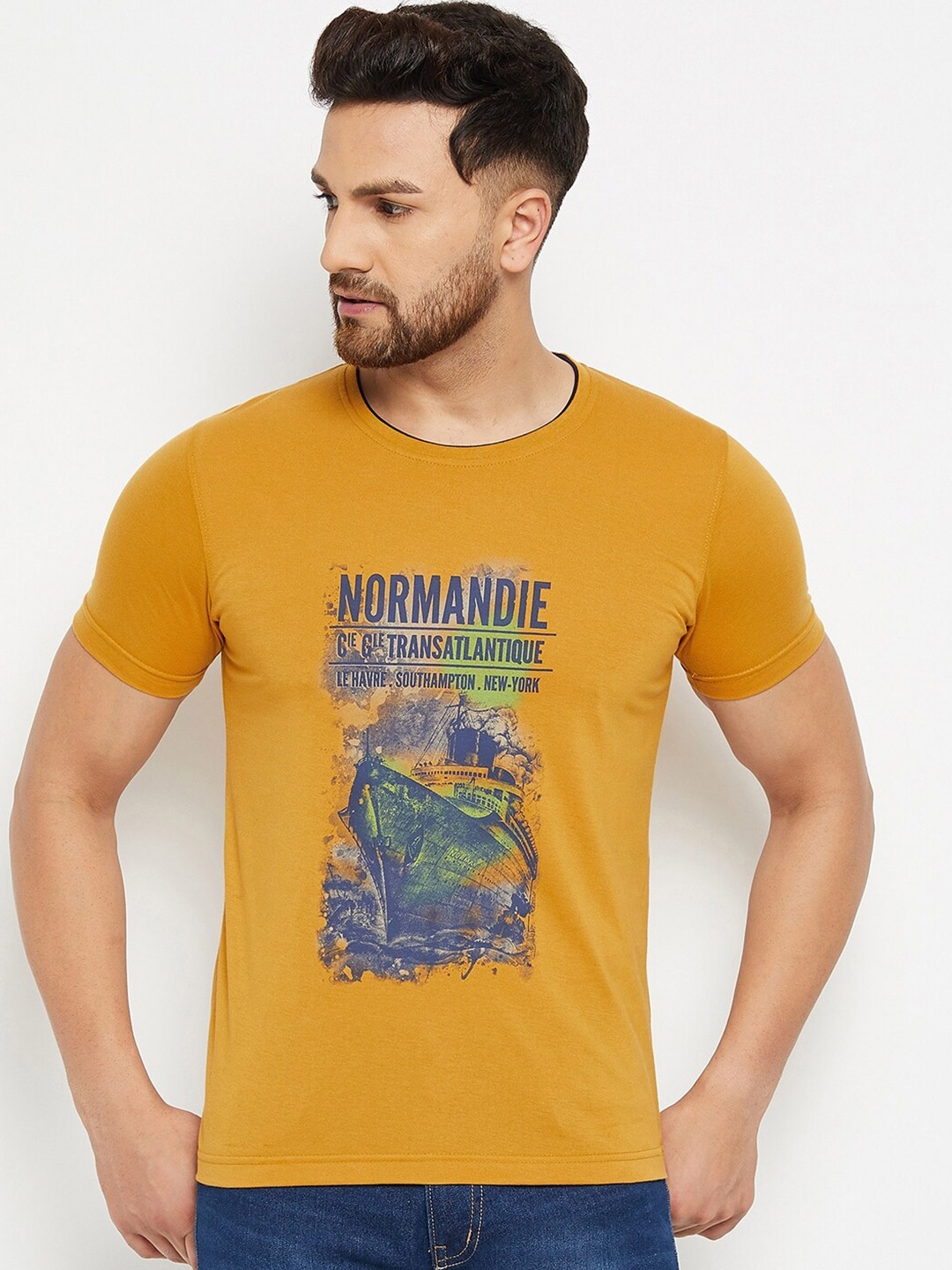 

Adobe Men Mustard Yellow Printed Cotton T-shirt