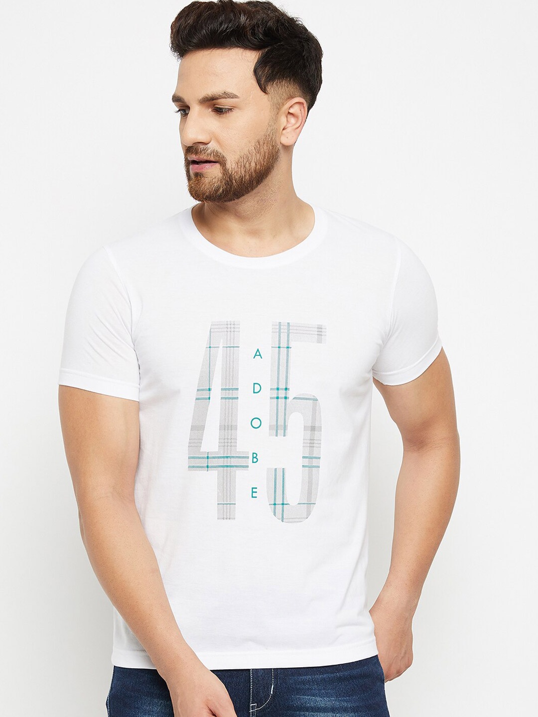 

Adobe Men White & Grey Typography Printed Cotton T-shirt