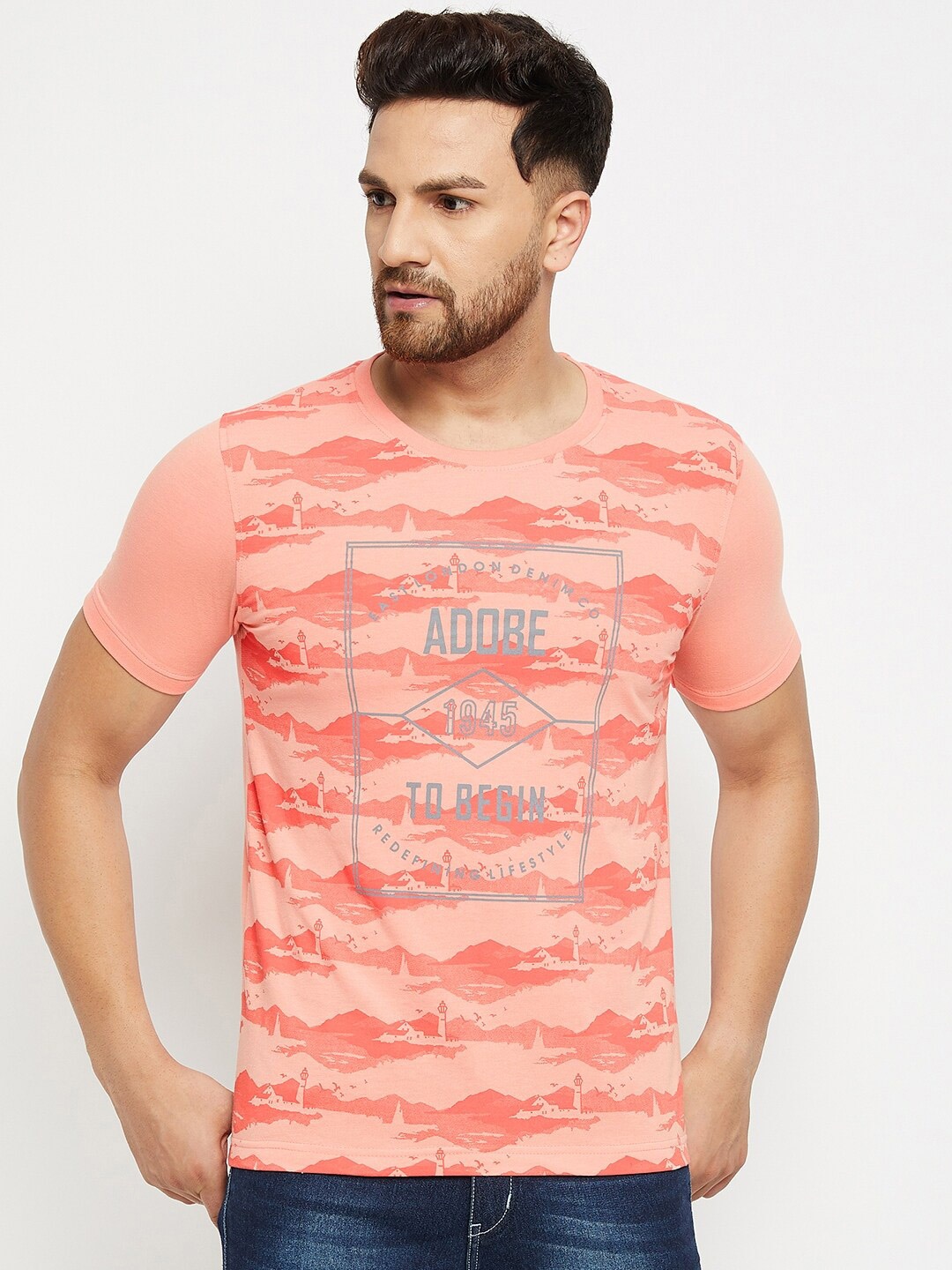 

Adobe Men Peach-Coloured Printed Cotton T-shirt