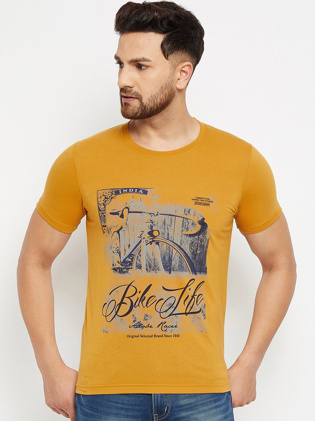 

Adobe Men Mustard Yellow & Navy Blue Printed Cotton T-shirt