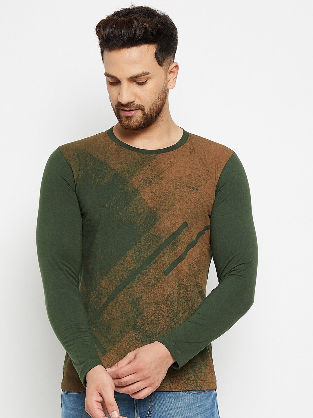 

Adobe Men Olive Green & Brown Printed Cotton T-shirt